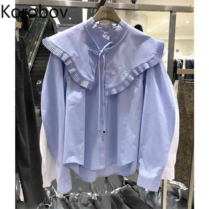 Korobov Korean Chic Women Blouses New Spring Summer Peter Pan Collar Female Shirts Single Breasted Long Sleeve Blusas Mujer 210430