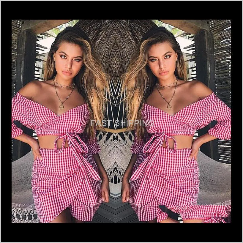 Women'S Tracksuits Apparel Women Summer Plaids 2Pcs Sets Chiffon Tops Skirts V-Neck Sexy Suits Pink Grey Drop Delivery F0Gpt