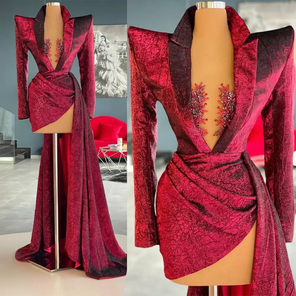 Red 2022 Dark Evening Dresses Jacket Long Sleeves Veet Deep V Neck Sexy Overskirt Custom Made Plus Size Prom Party Gowns Formal Ocn Wear