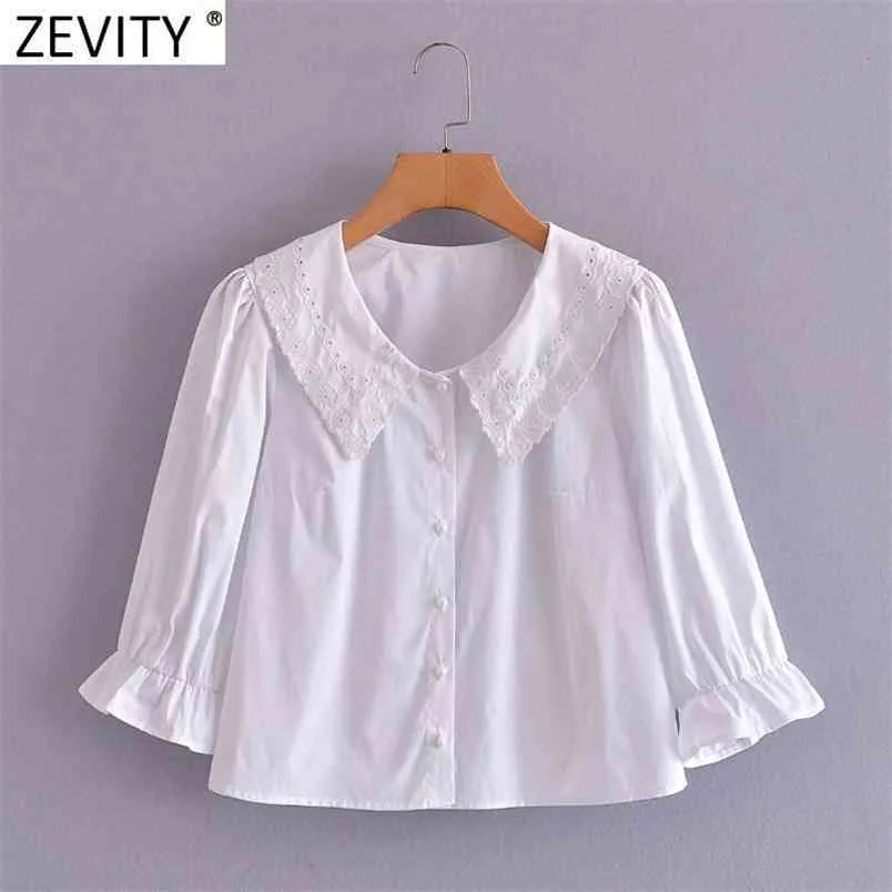 Mulheres moda oco out bordado giro para baixo colarinho blusa branco lady pérola botão camisa chique ruffles blusas tops ls9226 210420