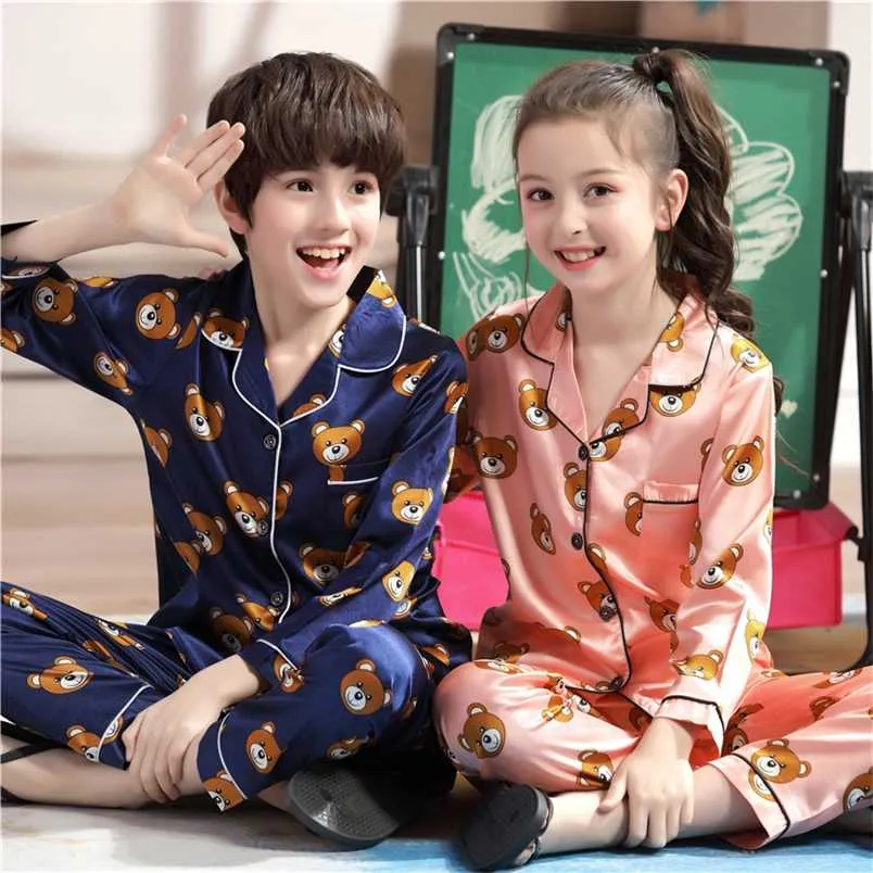 Boys Silk Pajamas Autumn Winter Long Sleeve Children's Cloth Girl Sleepwear Sets Girls Pyjamas for Kids Set 211109