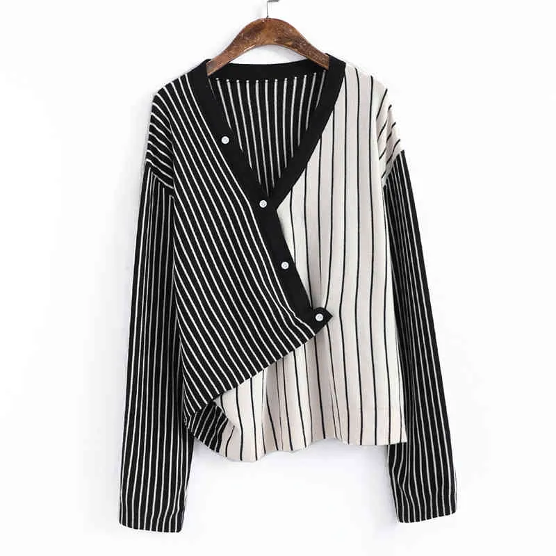 Johnature Autumn Casual Style Sweater Striped Korean Fashion Patchwork Kvinna Toppknapp V-Neck Ärmlös Pullover 210521