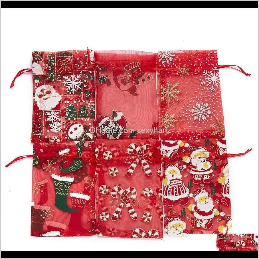 hot 14.2*9.5cm christmas organza bag random style christmas santa claus snowflake pattern biscuit candy bag beam gauze drawstring gifts