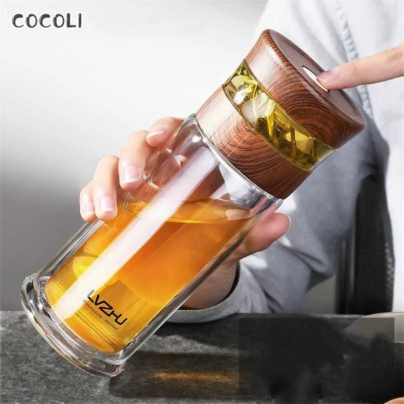 400 ml Portable Double Paroi Bouteille En Verre Infuseur D'eau Avec Couvercle Filtre Mes Bouteilles De Voiture Tasse Creative Gourde Tumbler 211122