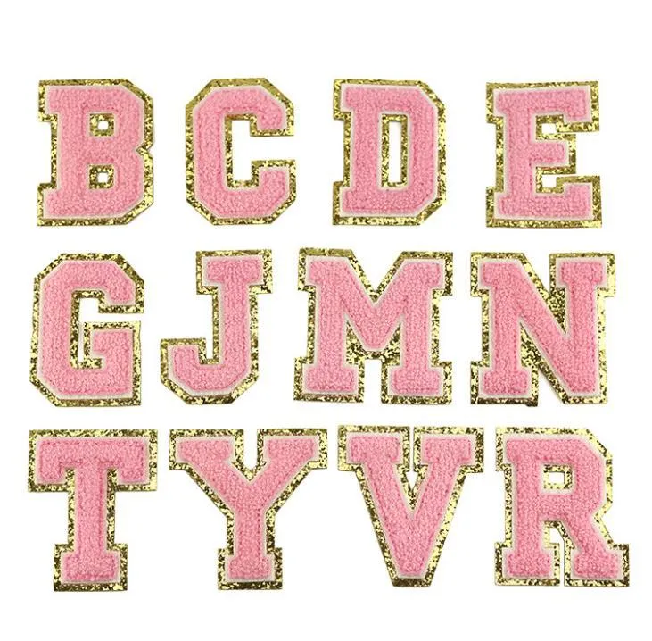 Mix Color Chenille Fabric Gold Glitter Letters Patches Towel Embroidery Rainbow Gritt Alphabet Iron on Lovely Sticker Name Clothing DIY Accessory SN6284