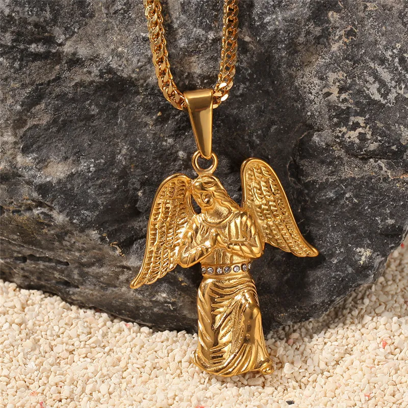 Hip Hop Stainless Steel Gold Lady's Angel's Wings Angel Mary Pendant For Women Men Jewelry Stones Plating color preserving