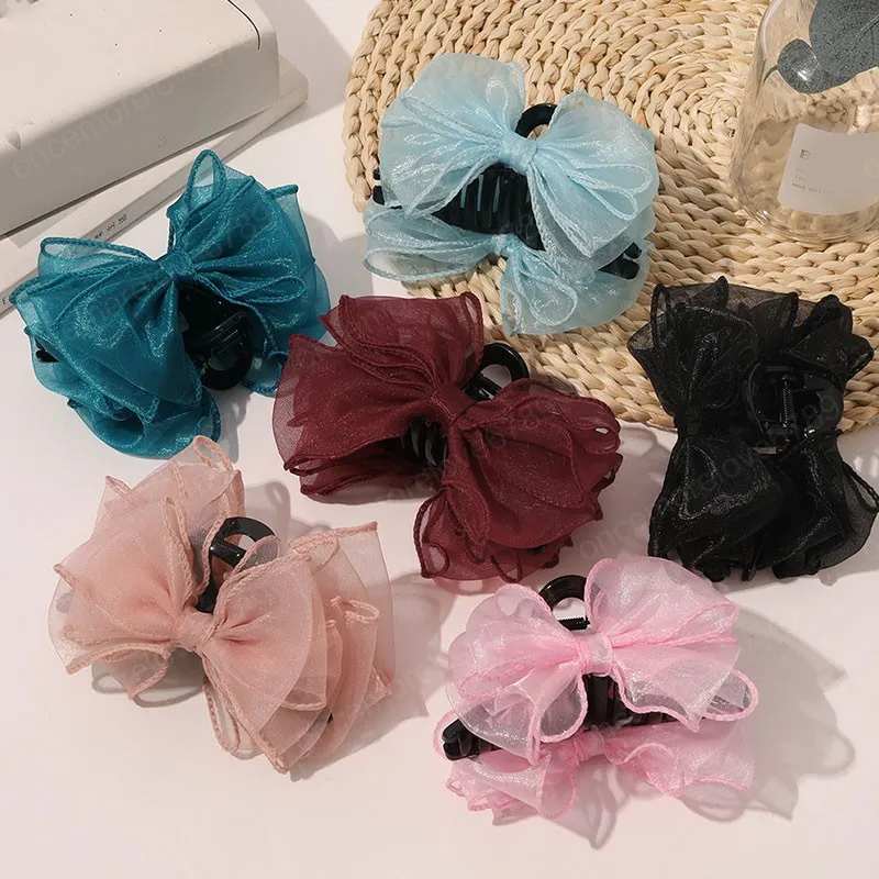 Pince à cheveux en maille avec nœud papillon, ruban de fil, épingle à cheveux en Organza, griffes de cheveux, Barrettes géométriques, couvre-chef féerique, accessoires pour cheveux