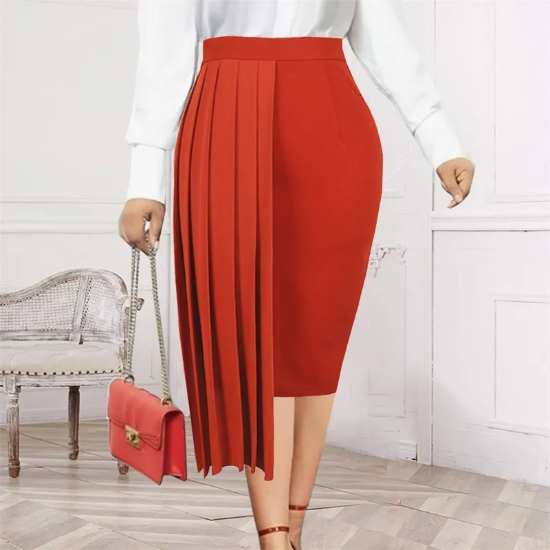 Pleated Skirts for Women Plus Size High Waist Knee Length Package Hip Irregular Orange Skirt Evening Party Summer Fashion 210527