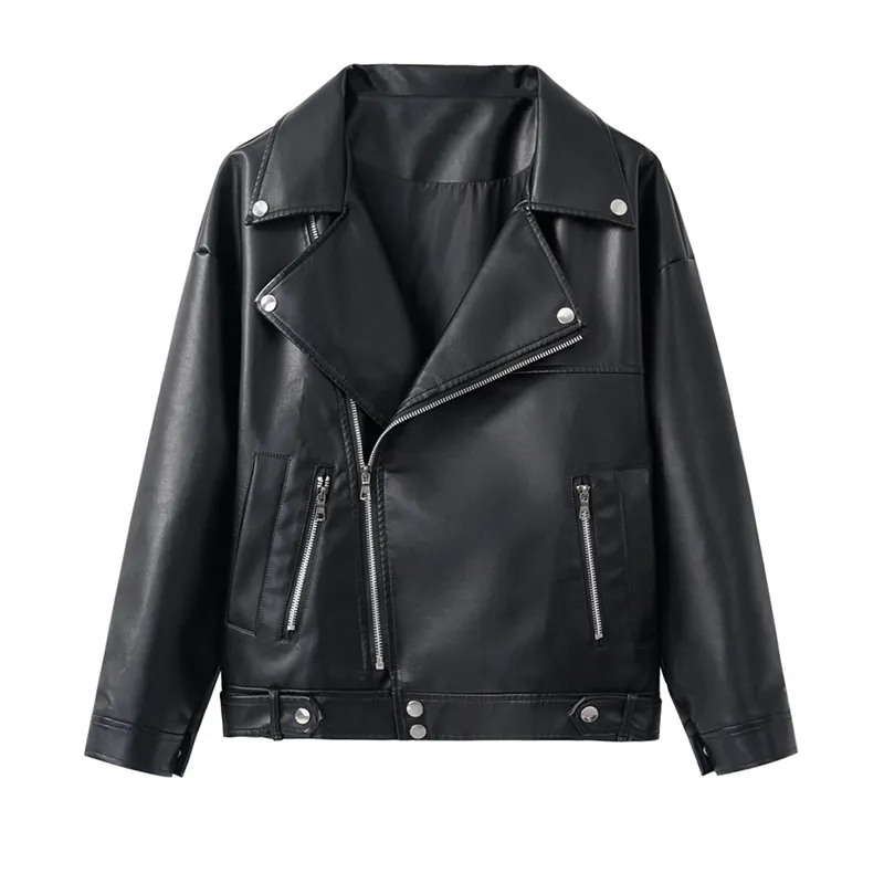 Kvinnor Löst PU Faux Leather Jacket Spring Autumn Moto Biker Jackets Turan Down Collar Basic Black Coat Outerwear