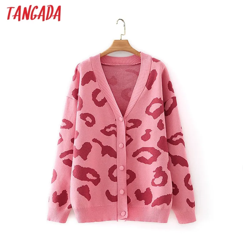 Frauen Rosa Leopard Vintage Pullover Dame Mode Übergroße Strickjacke Mantel 7Y9 210416