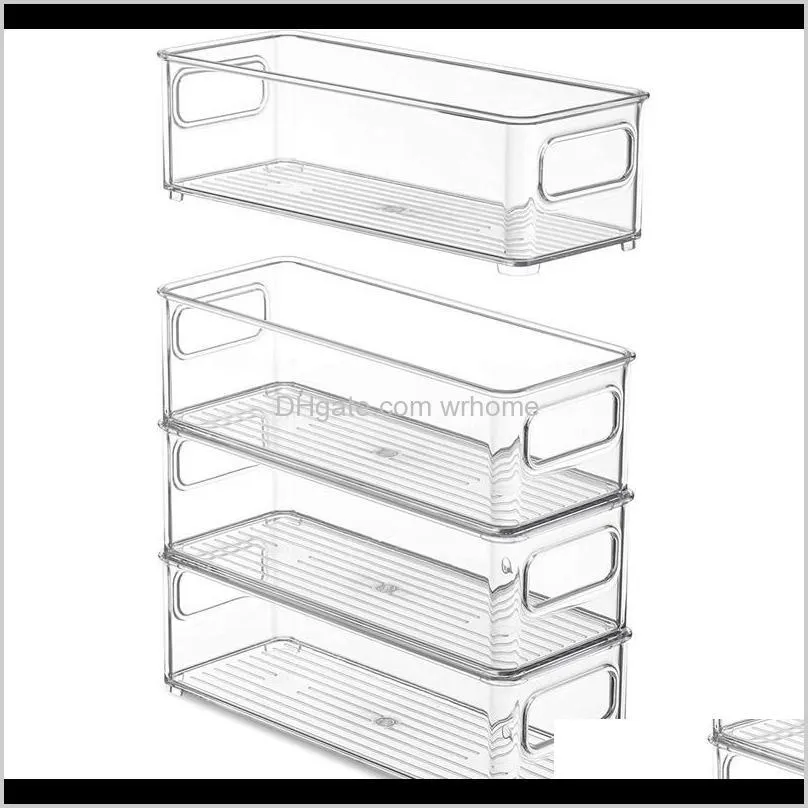 refrigerator organizer bins, clear stackable plastic storage rack with handles for pantry, kitchen bottles & jars