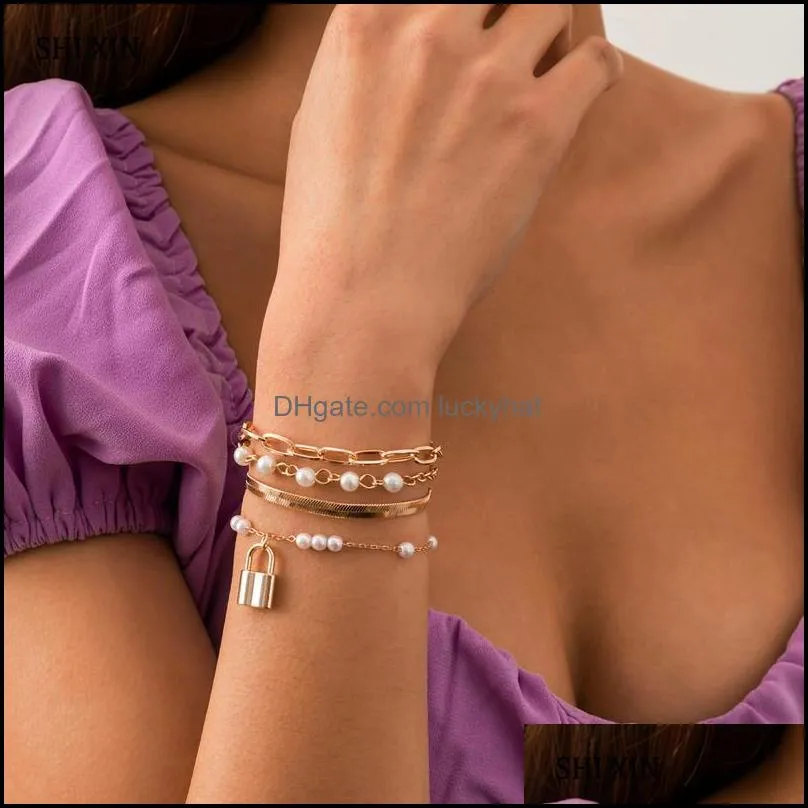 Link Bracelets Sieradenlinkketen Shixin 4 PCS Hangslot Snake Pearlarmband Set voor vrouwen Charms Lock On Hand Fashion Jewelry Gift Del Del