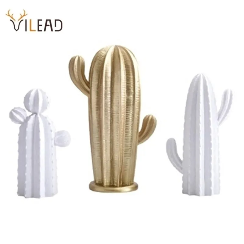 VILEAD Meer Size Resin Cactus Figurines Nordic Simple Style White Gold Home Accessoires Living Room Creative Decoration Ornament 210.811