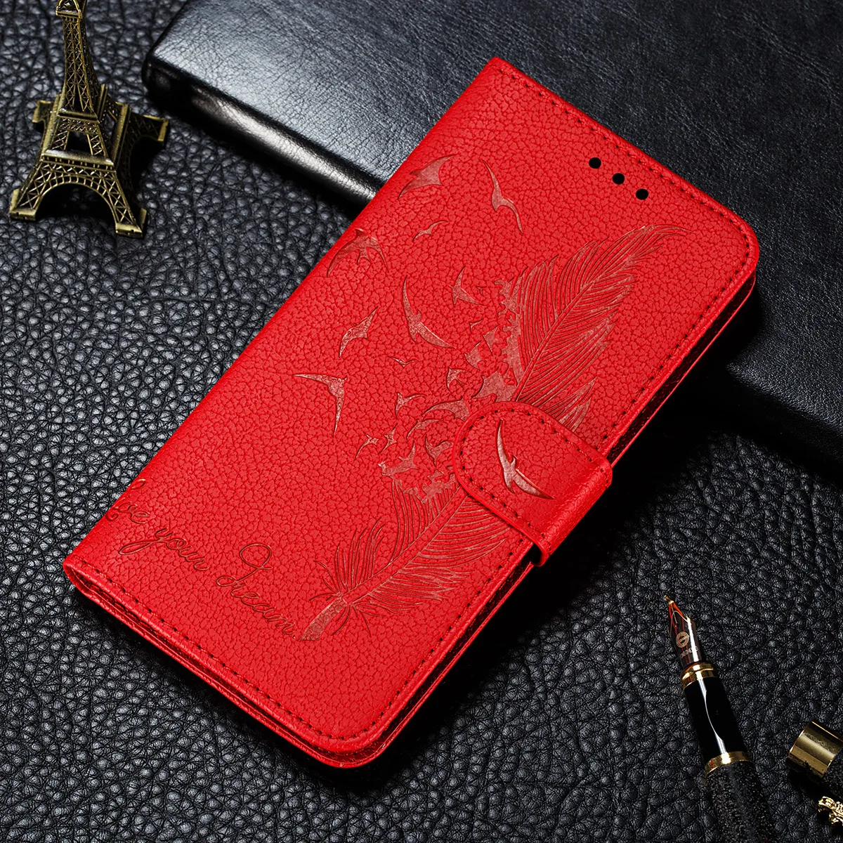 Étuis de téléphone portefeuille pour iPhone 13 12 11 Pro Max XR XS X 7 8 Samsung Galaxy S21 S20 Note20 Ultra Noto10 S10 Plus Plume Litchi Texture PU Cuir Étui de protection antichoc