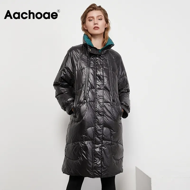 Aachoee moda quente preto para baixo jaqueta mulheres casual manga longa zíper para cima casaco de inverno feminino casaco longo com bolsos 210413