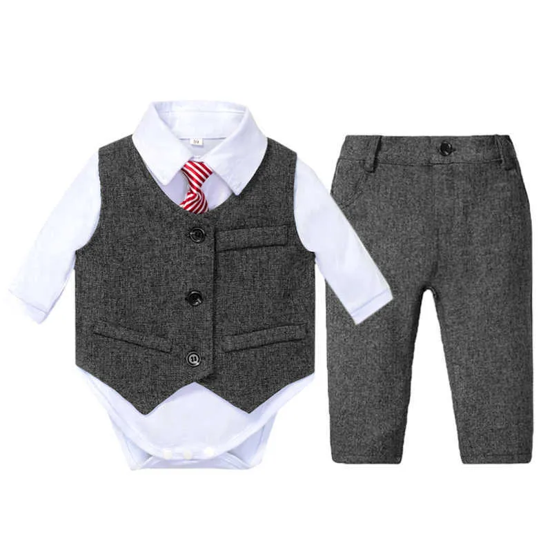 Babykläder Väst Outfit Kostym Formell Pojk Set Slips Rosett Vit Romper för 9 12 18 24 månader Fest Födelsedag Barn Gentleman Kläder G1023