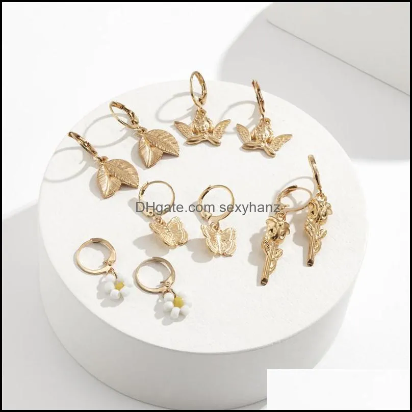 Multi Element Flowers Butterfly Dangle Earring Buckle Rice Beads Leaves Angel Ear Drop Women 5 Pairs Animal Plant Gold Earrings Jewelry Sets