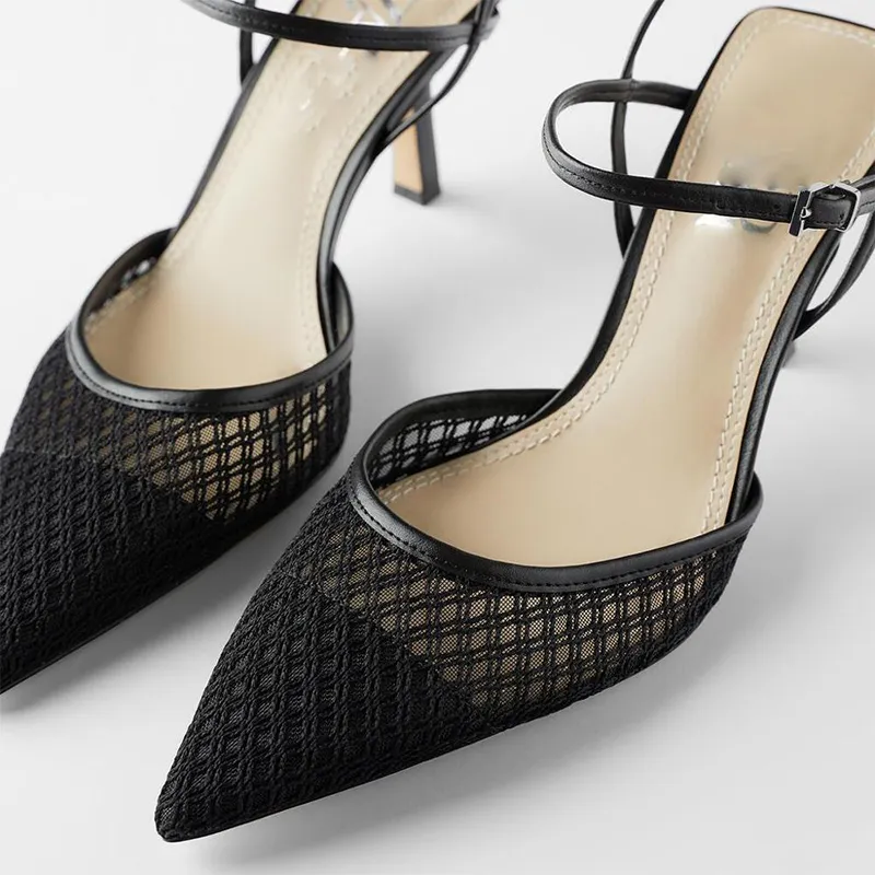 Sandales à talons aiguilles pour femmes, escarpins Sexy à bout pointu avec sangle à boucle peu profonde, escarpins de fête à talons hauts, en maille résistante à l'usure, nouvelle collection 2022