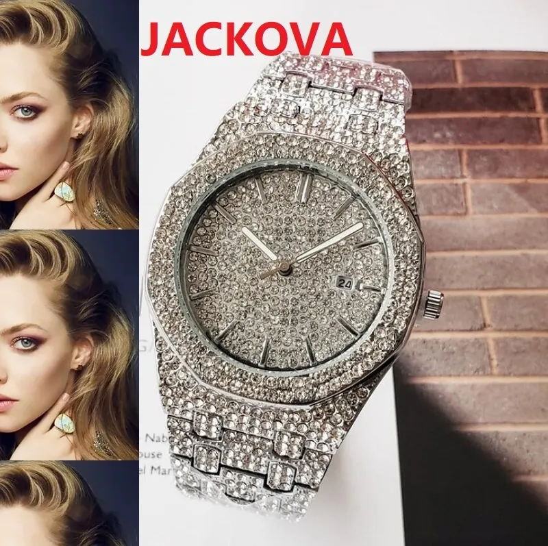 Iced Out Full Diamonds Ring Relógio de Pulso Top Moda Hip Hop Aço Inoxidável Masculino Feminino Calendário Quartzo Movimento Negócios Pulseira Relógios Montre De Luxe Presentes Masculinos