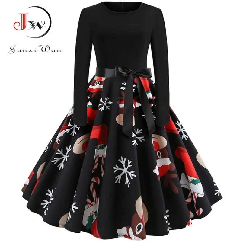 Winter Christmas Dresses Women 50S 60S Vintage Robe Swing Pinup Elegant Party Dress Long Sleeve Casual Plus Size Print Black 210915