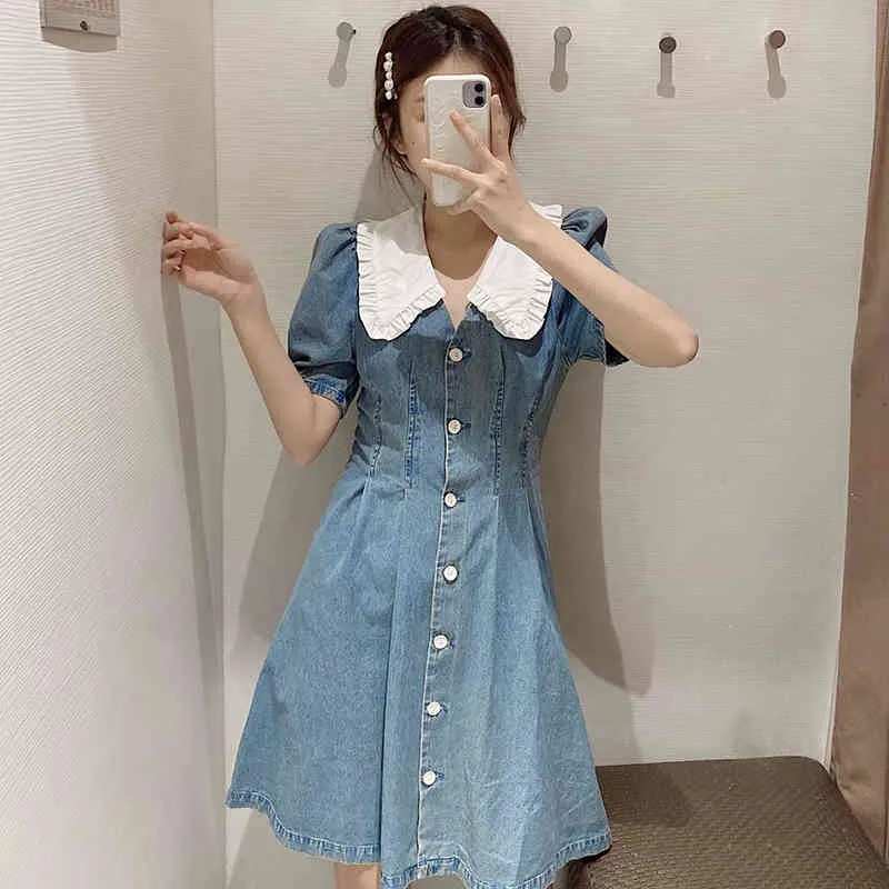 Chic Patchwork Denim Denim Dress With Puff Sleeves Pleated Turn Down Collar And Button Up For Women Perfect For Summer Casual Wear 210508 From Bai01 23.42 In Bulk DHgate.Com