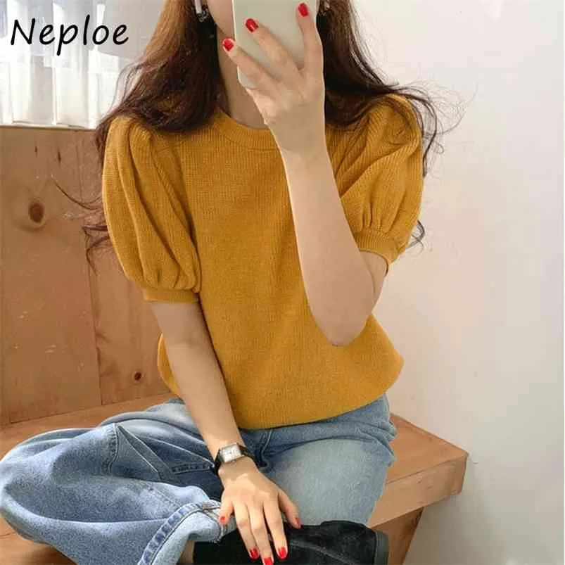 Neploe Stickad T Shirt Korean Ins O Neck Puff Sleeve Kvinna Toppar Sommar Lösa Casual Slim Ladies Tees 1e081 210623