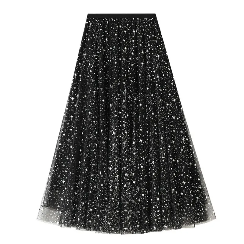 Korea Style Women Mesh Printed Skirt Femme Jupe Hög midja Lösa Pläterade Midlängd Långkjolar 210524