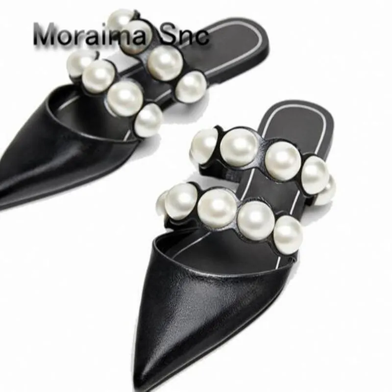 Kapcia Moraima Snc Women White Pearl Decor Flats Sandals Sexy spiczasty palca skórzana eleganckie swobodne buty pantuflas