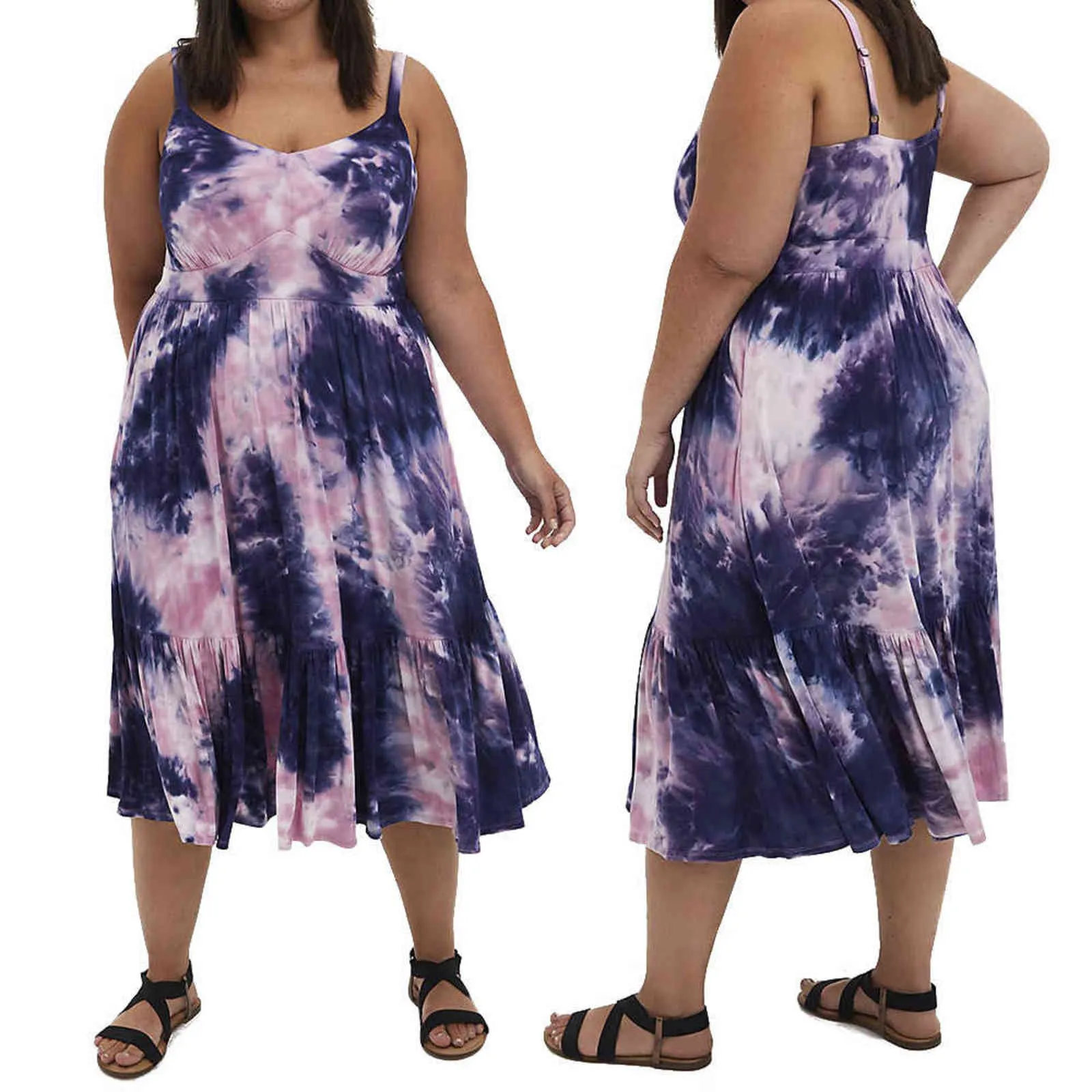 Plus Size Dresses Sexy Sling Half Backless Sleeveless After Zipper Pocket Personality Fold Fashionable Tie-dye Prints Clothes 211116