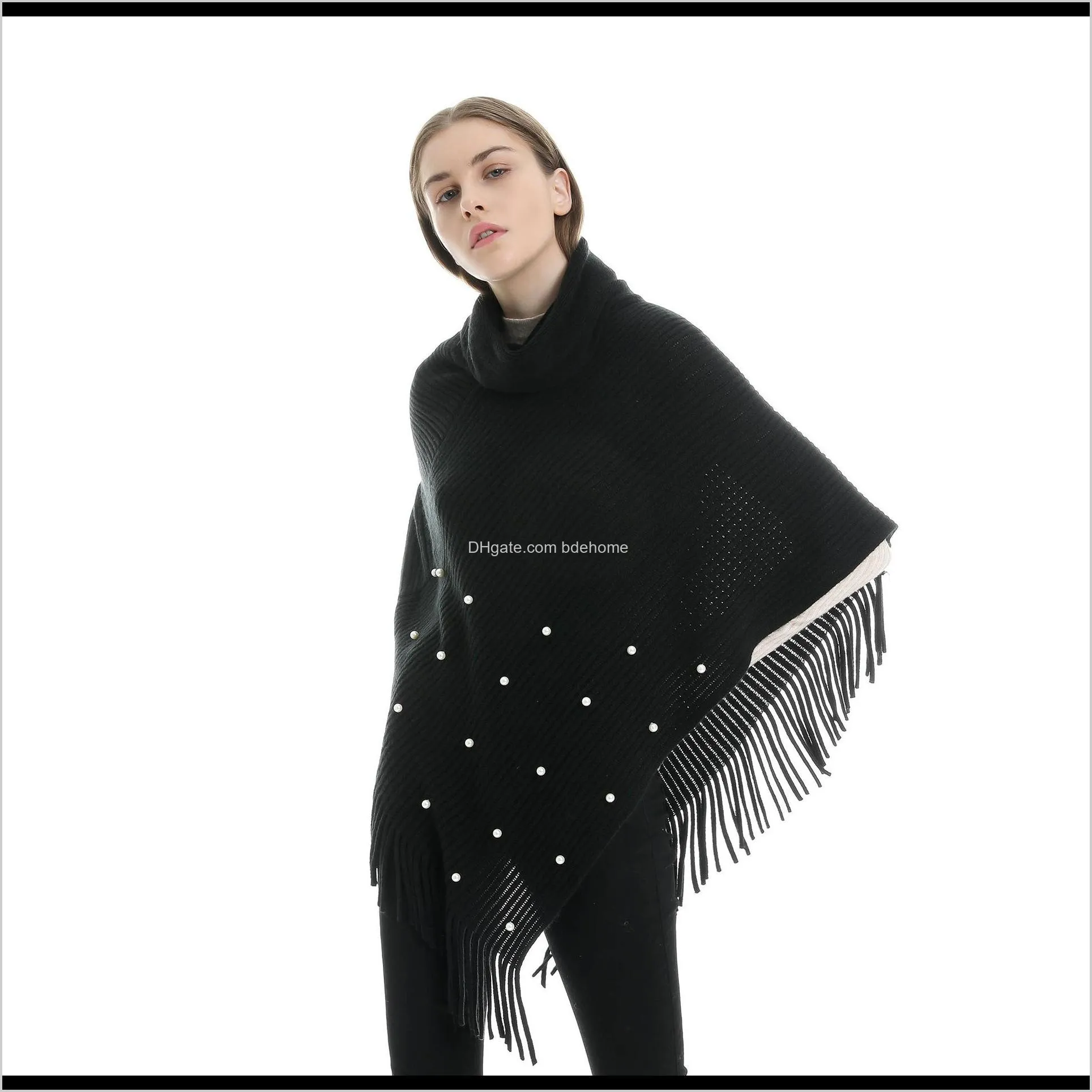 women pearl tassel turtleneck pullovers shawl scarf cashmere warm high collar solid color big cape blanket wraps female