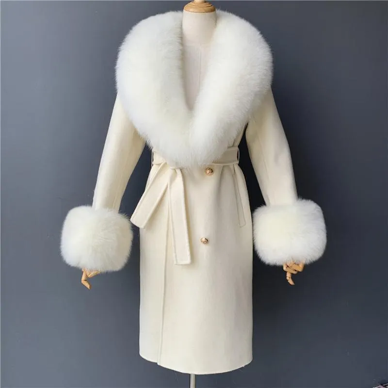ベルトの女性の毛皮の偽の女性長冬羊ウールカシミア秋コート襟2021ファッションオーバーコートレディース