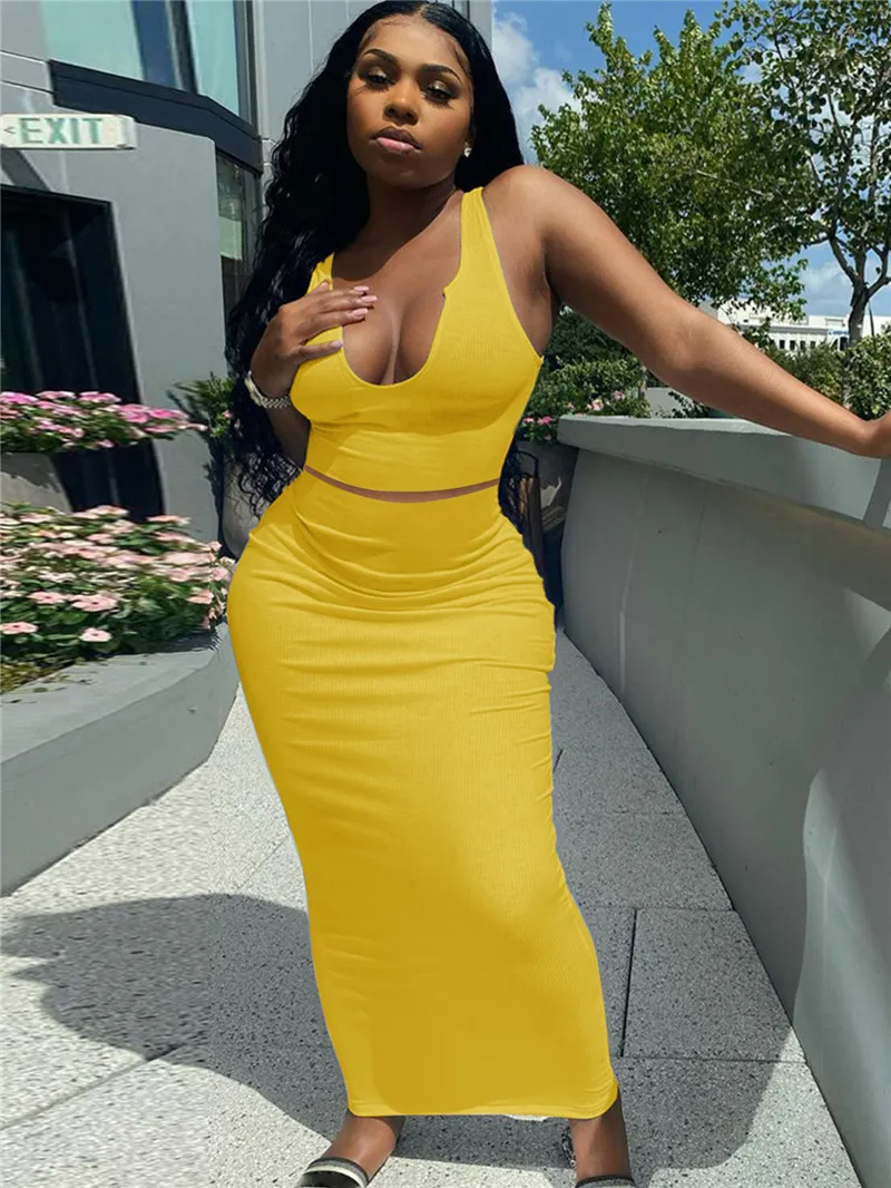 New Summer Women two piece dress tank top crop top+skirt plus size S-outfits solid color tracksuits sleeveless black T-shirt+midi skirts 2pcs sets 4804