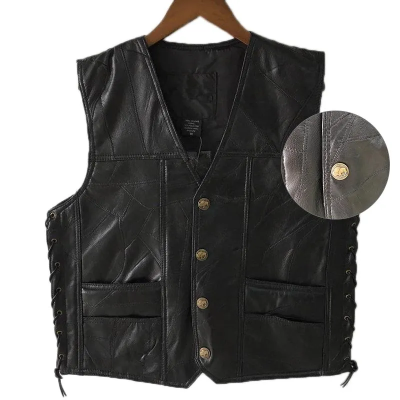 Men's Vests 1PCS Punk Biker Vest Lace Button Autumn Sleeveless Jacket For Men Black Leather Polyester Motorcycle