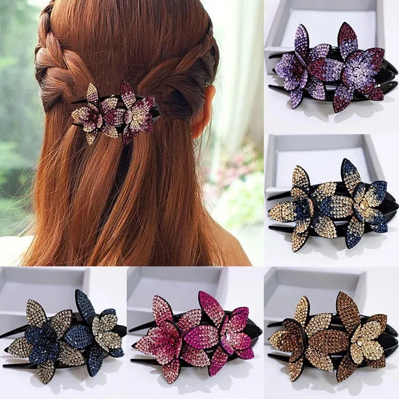 Charm Rhinestone Double Flower Hair Clip Vintage Claws Women Crystal Hair Combs Handmade Ponytail Ornament Hair Accessories