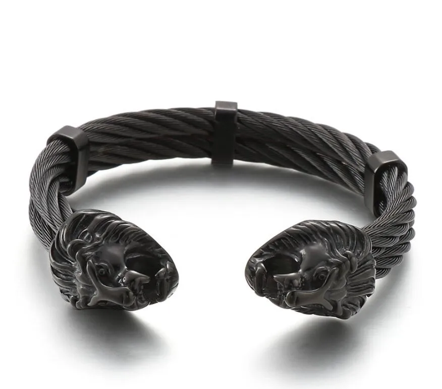 Bracelet Manchette Homme Lion Fin Câble Fil Bracelet Acier Inoxydable Plaqué Or / Argent / Noir Biker Punk Intérieur: 65mm * 12mm 86g