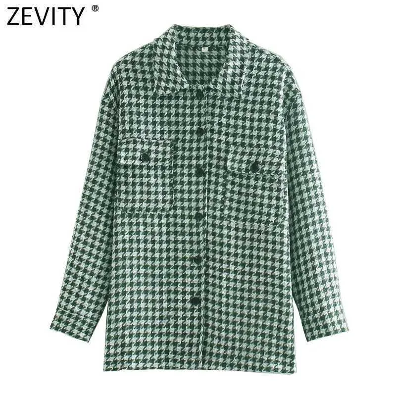 Zevity 여성 빈티지 칼라 긴 소매 houndstooth 셔츠 코트 여성 포켓 패치 캐주얼 슬림 자켓 탑 CT614 210603