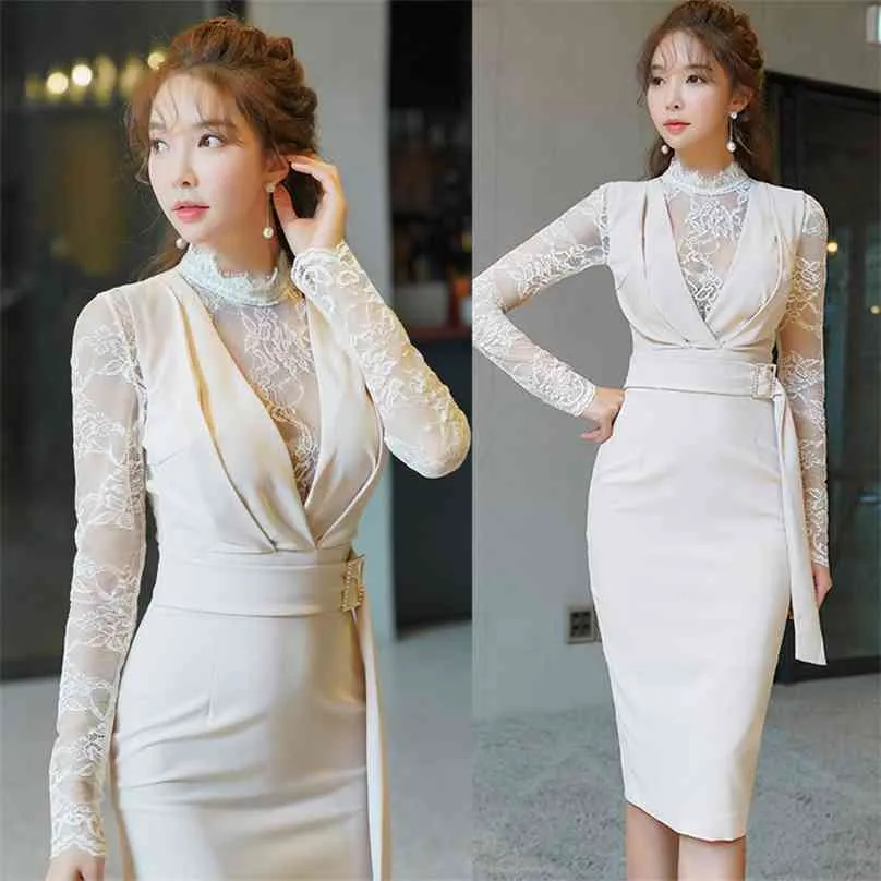 Dam Party Dresses Korea Fashions White Lace Långärmad Bodycon Sexig för Kvinnor Midi Kläder 210602