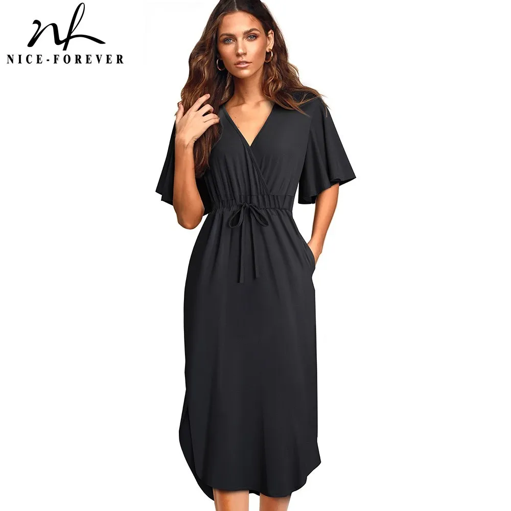 Nice-forever Summer Women Classic Pure Color Drawstring Dresses Casual Oversized Straight Dress btyA202 210419
