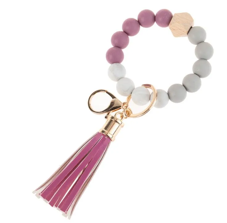 Silicone Beaded Bangle Keychain with Tassel for Women Party Favor, Wristlet Key Ring Bracelet SN3027