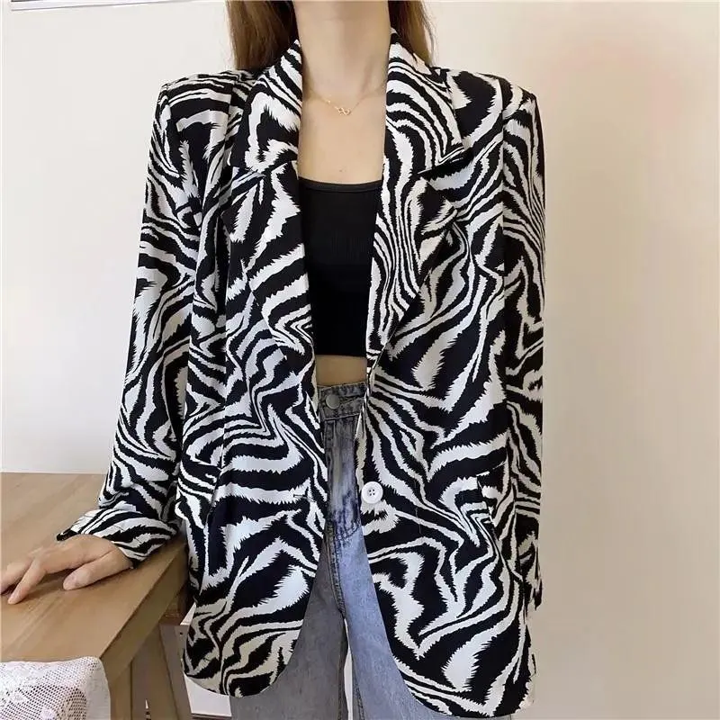 Mode Zebra Patroon Blazers Vrouwen Losse Dunne Lange Mouwen Pakjas Vintage Notched Single Breasted Jassen Vrouw Dameskleding