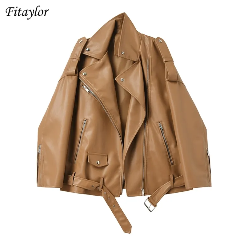 Fitaylor Spring Autumn Faux Leather Jackets Women Loose Casual Coat Female Drop-shoulder Motorcycles Outwear With Belt 211119