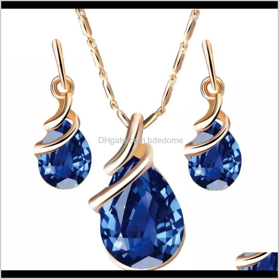 earring necklace jewelry sets 3 color crystal water-drop shape pendant alloy accessory gold plated metal chain