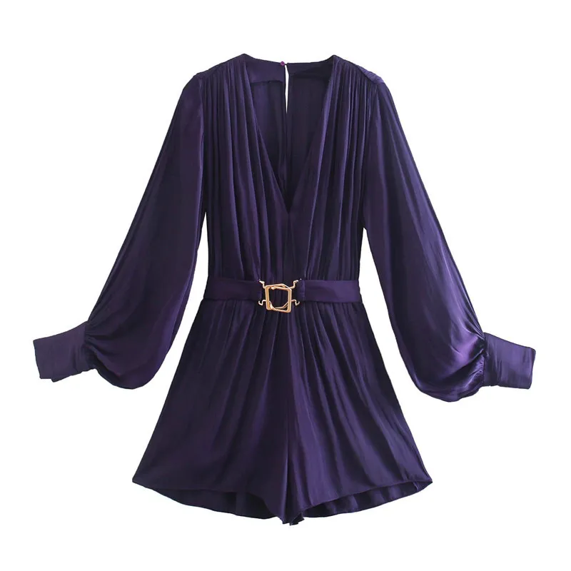 BLSQR Fashion Purple Playsuits Dames Chic Vintage V-hals Elastische Taille Vrouwelijke Korte Jumpsuits Mujer 210430