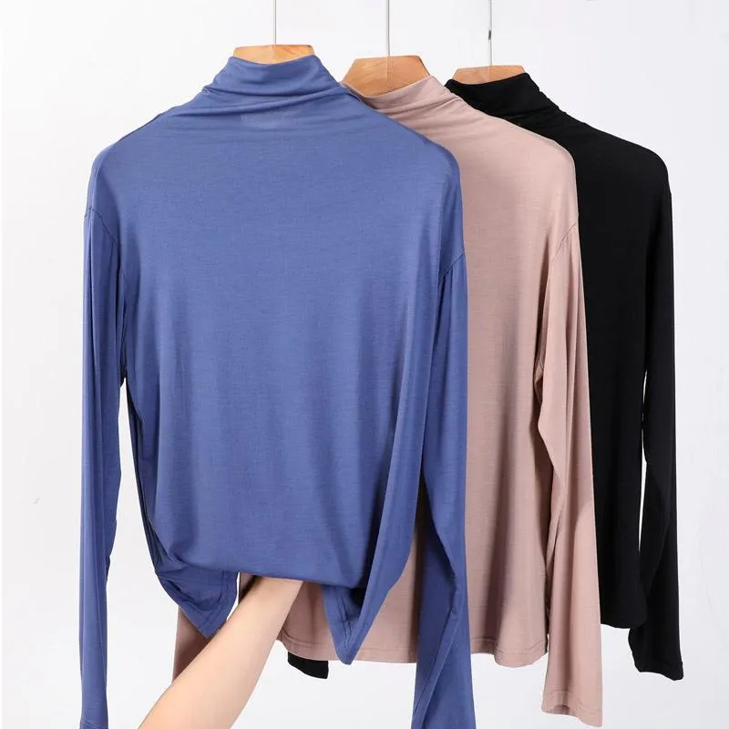 Kadın T-shirt Kadınlar Uzun Kollu Sonbahar Katı Mavi T Gömlek Balıkçı Yaka Artı Boyutu Modal Tops Tees Rahat Ofis Temel T-Shirt ZY-G0031