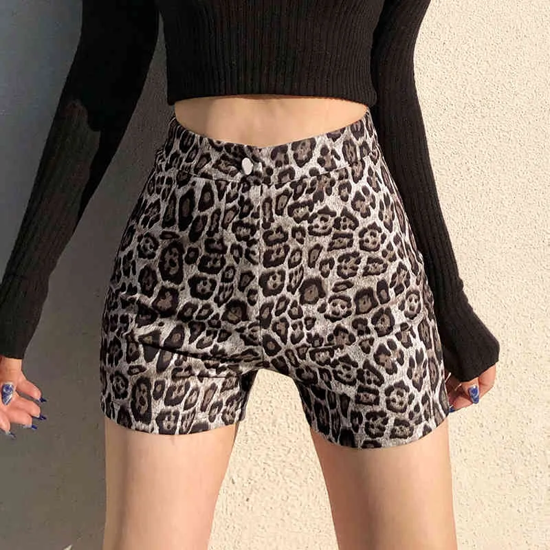 Streetwear marron léopard Shorts pour filles femmes moulante taille haute femme mode nouveau été sueur Harajuku Skinny Shorts 210415