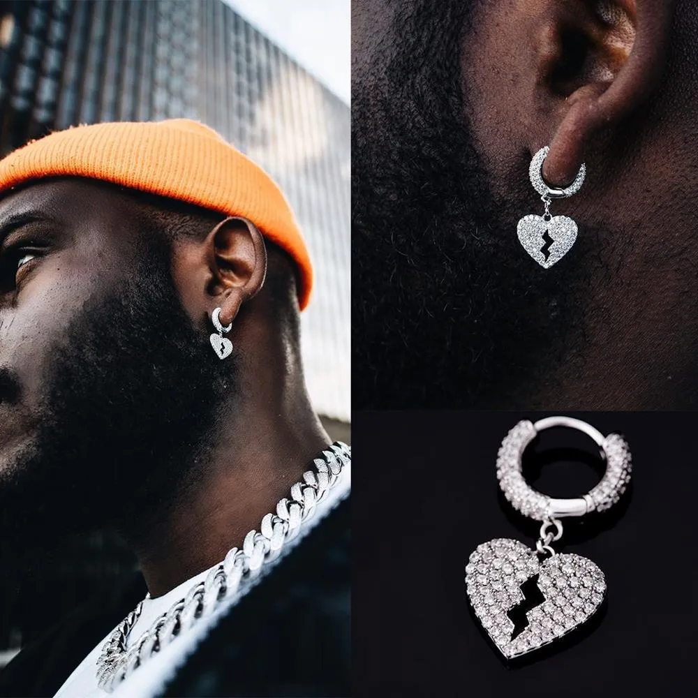 Iced Out Bling Hip Hop Boy Men Smycken Micro Pave Clear CZ 5a Cubic Zirconia Heart Charm Hoop Earring