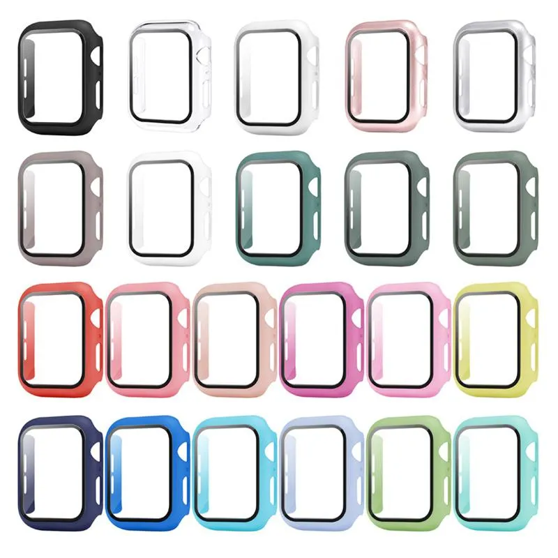 Colorful PC Hard Bumper Cases With Tempered Glass Case for apple watch 1 2 3 4 5 6 7 Full Protection Covers 38 40 42 44 41mm 45mm Watchband iWatch with retail package