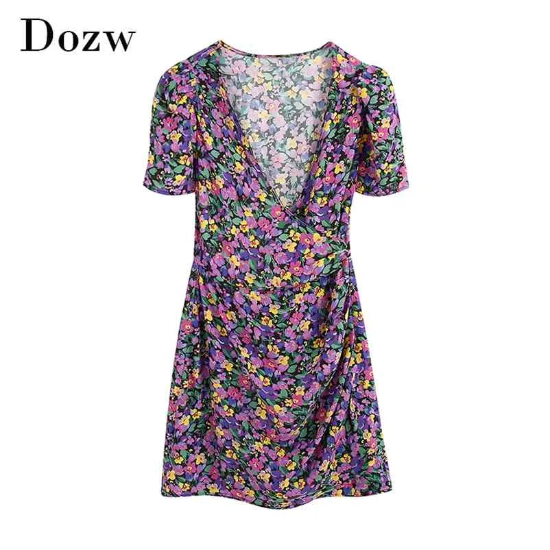 Bohemian Floral Print Mini Vestido profundo V Neck Uma linha Es Plissada Puff de manga curta festa mulheres verão vestidos 210515