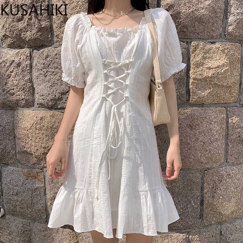 Koreaanse kruisverband slanke taille vrouw jurk bladerdeeg korte sleep vierkante kraag vestidos femme zomer zoete jurken 6g264 210603