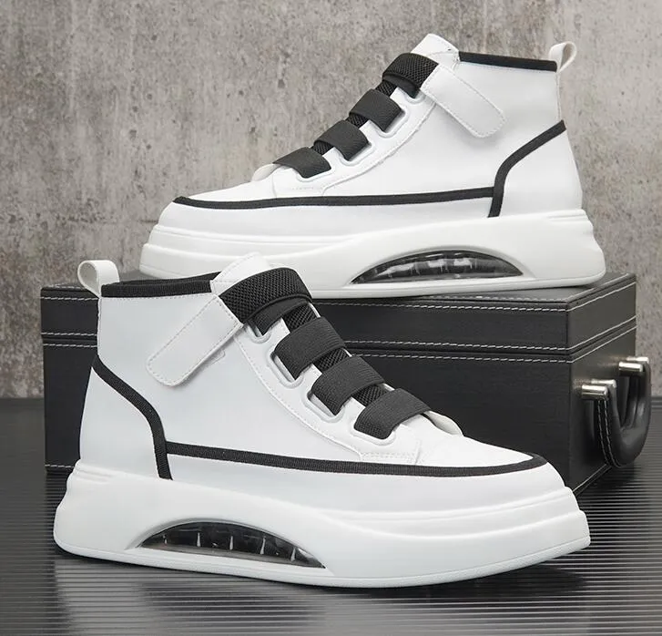 Designer Men Platform Air Cushion Shoes White High Top Sneakers Luxury Högkvalitativ andningsbar ökar herrklänskor Fashion Hook Loop Party Comfort Flats